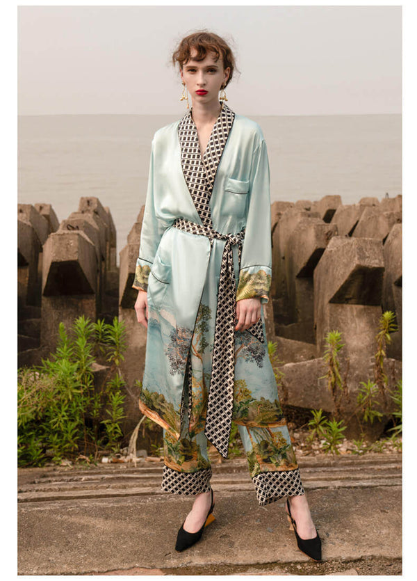 Robe de chambre 100% soie femme robe de chambre en soie avec imprimé arbre et élégant peignoir à manches longues avec ceinture