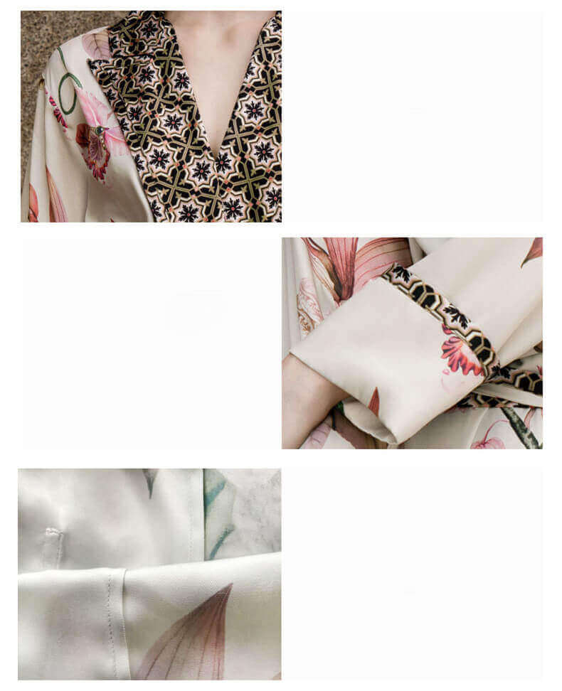 Robe de chambre femme 100% soie robe de chambre avec imprimé floral et manches longues et ceinture sergé de peignoir de luxe