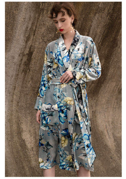 Robes de chambre en velours de soie pour femme Robes de chambre à manches longues à imprimé floral Peignoir pour femme avec ceinture et grand revers