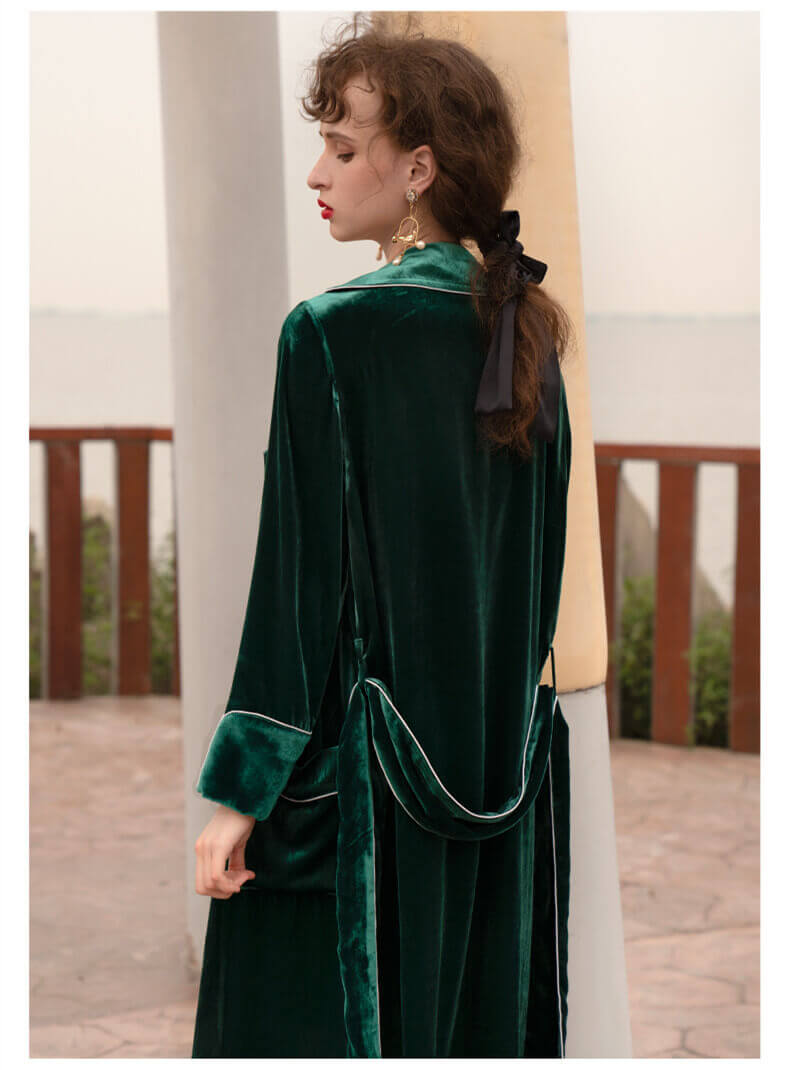 Peignoir en velours de soie pour femme Robe de chambre à manches longues pour femme avec patte boutonnée à ceinture