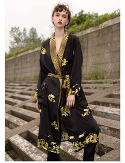 Peignoir 100% soie avec imprimé léopard Robe de chambre pour femme Peignoir avec manches longues et ceinture