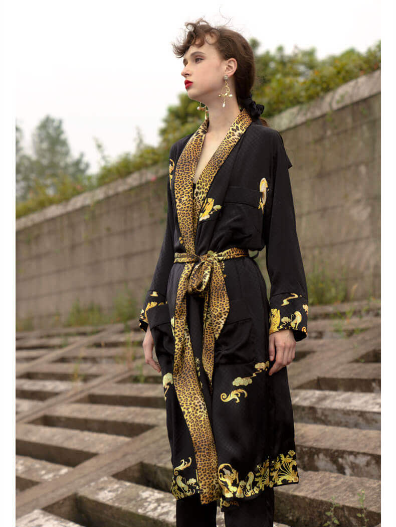 Peignoir 100% soie avec imprimé léopard Robe de chambre pour femme Peignoir avec manches longues et ceinture